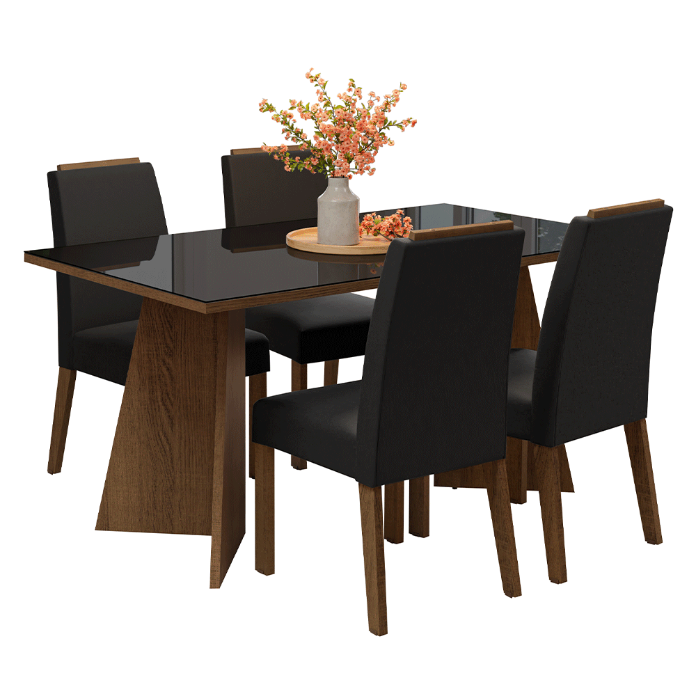 Conjunto Sala de Jantar Tampo de Vidro 4 Cadeiras Rustic/Preto/Oxford Braga Madesa
