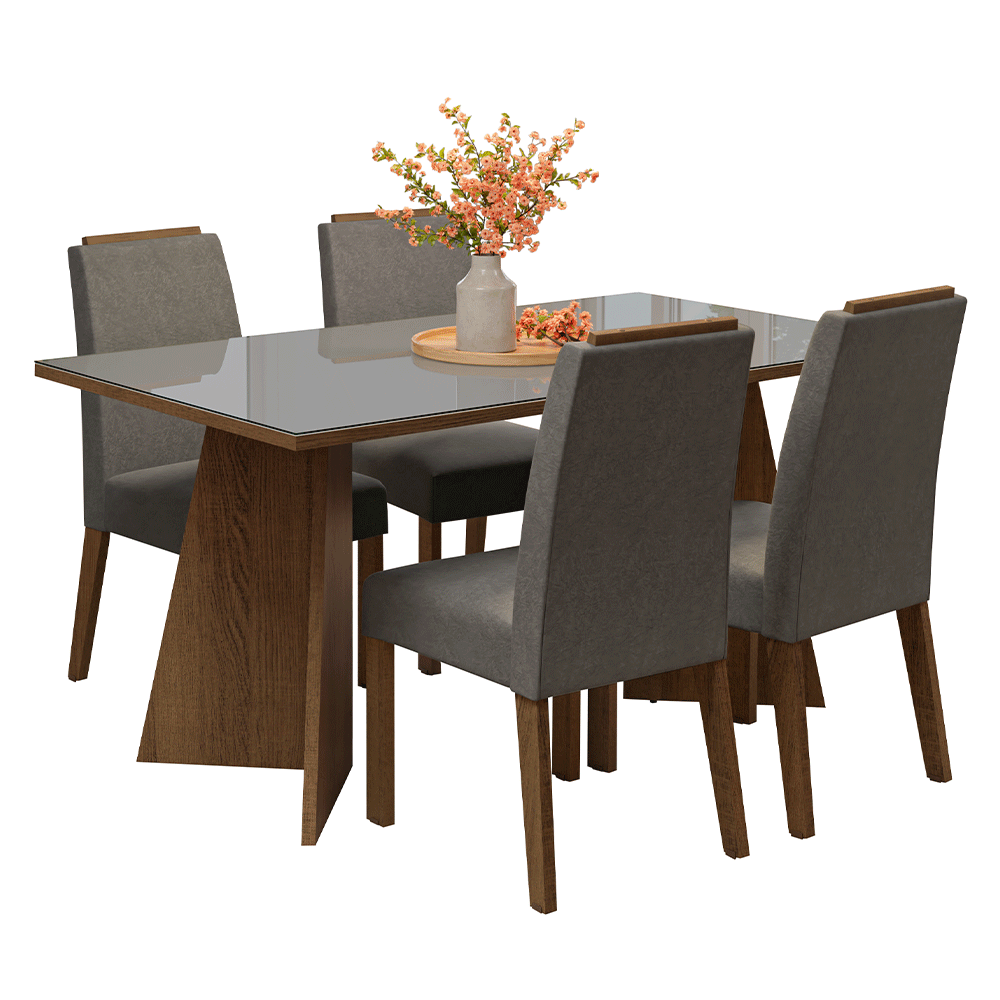 Conjunto Sala de Jantar Tampo de Vidro 4 Cadeiras Rustic/Cinza/Silver Braga Madesa