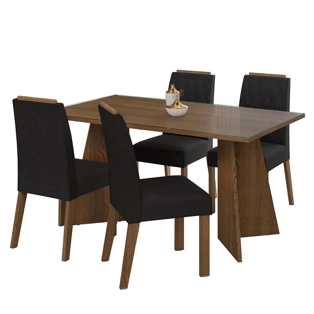 Conjunto Sala de Jantar Mesa Tampo de Vidro 4 Cadeiras Rustic/Oxford Porto Madesa
