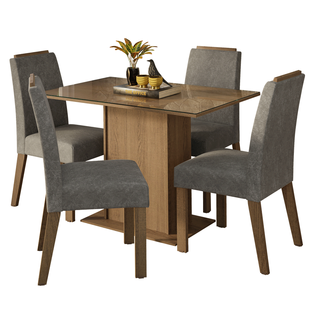 Conjunto Sala de Jantar Tampo de Vidro 4 Cadeiras Rustic/Silver Jasmin Madesa