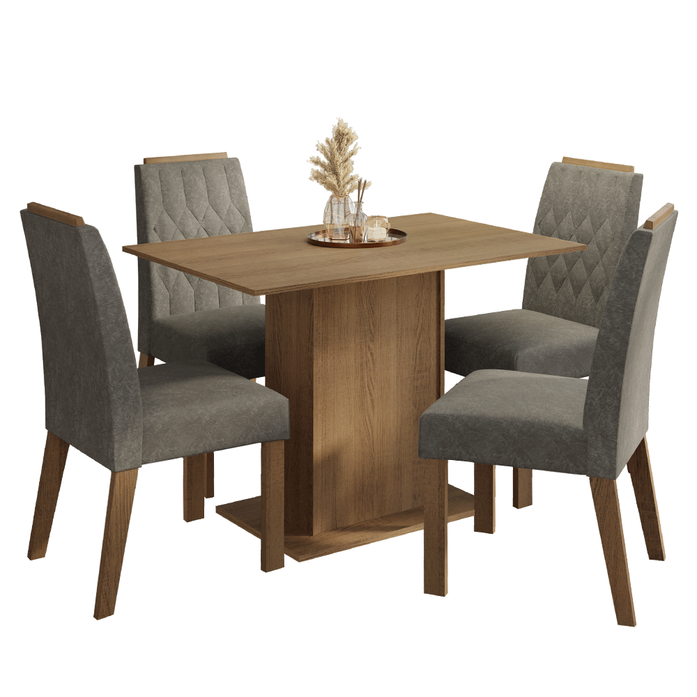 Conjunto Sala de Jantar Tampo de Madeira 4 Cadeiras Rustic/Silver Romã Madesa