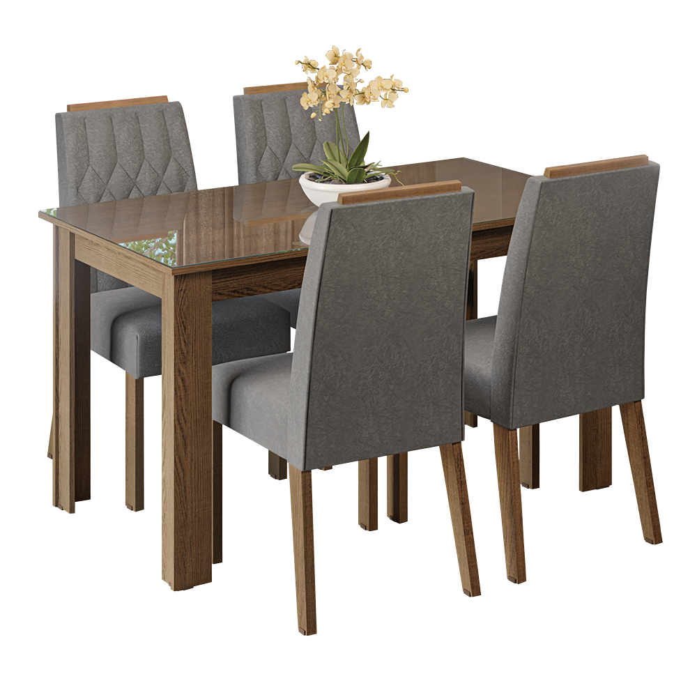Conjunto Sala de Jantar Tampo de Vidro 4 Cadeiras Rustic/Silver Pétala Madesa