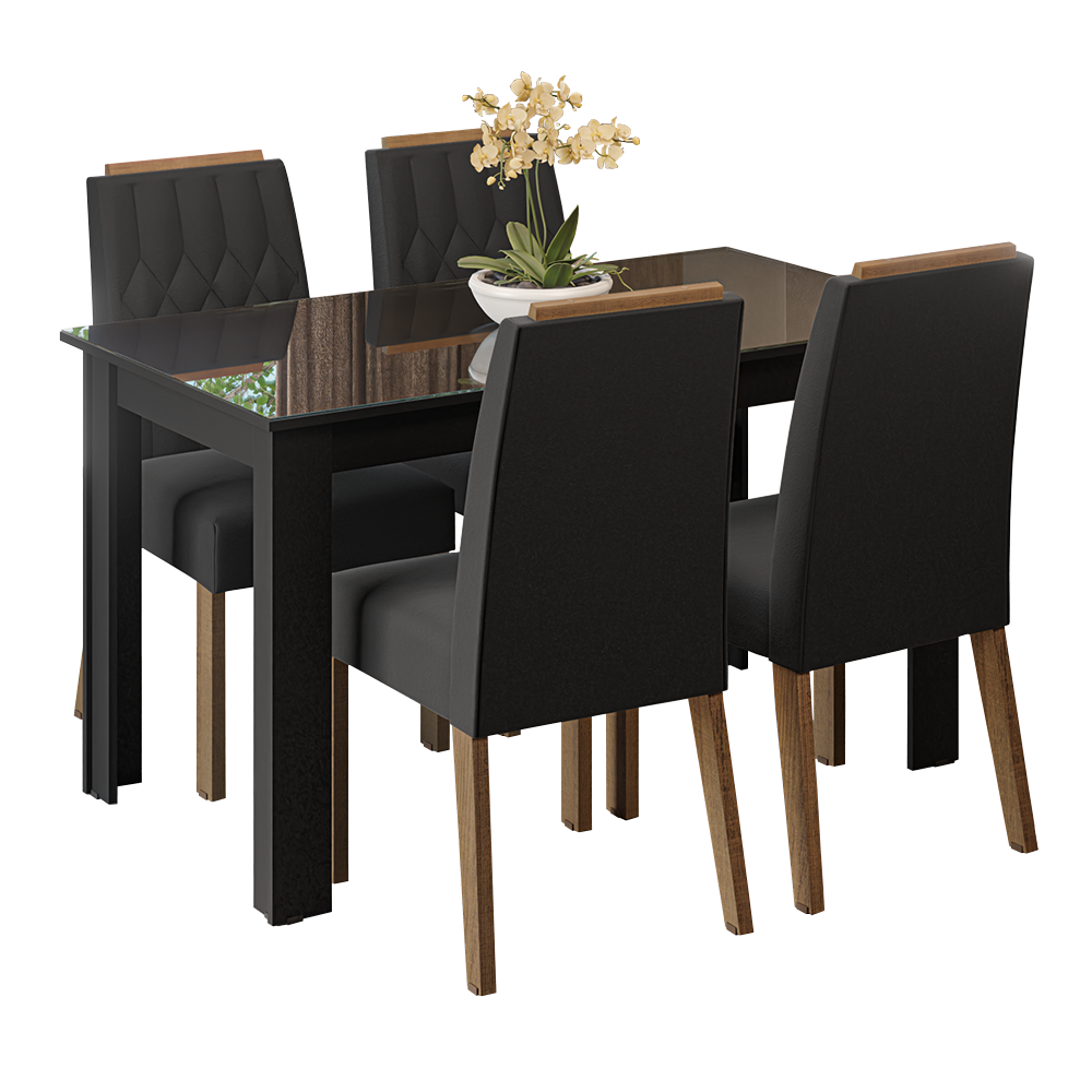 Conjunto Sala de Jantar Tampo de Vidro 4 Cadeiras Rustic/Preto/Oxford Pétala Madesa