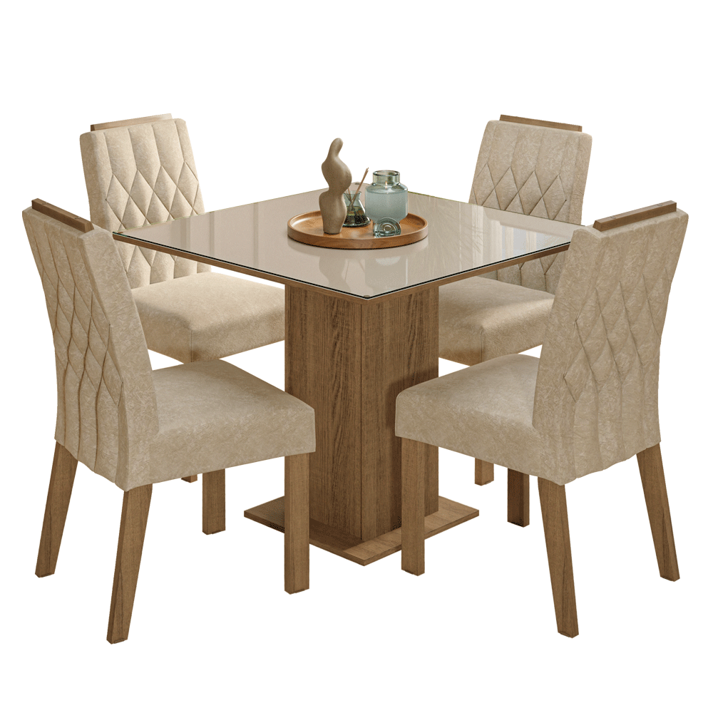 Conjunto Sala de Jantar Tampo de Vidro 4 Cadeiras Rustic/Crema/Imperial Sálvia Madesa