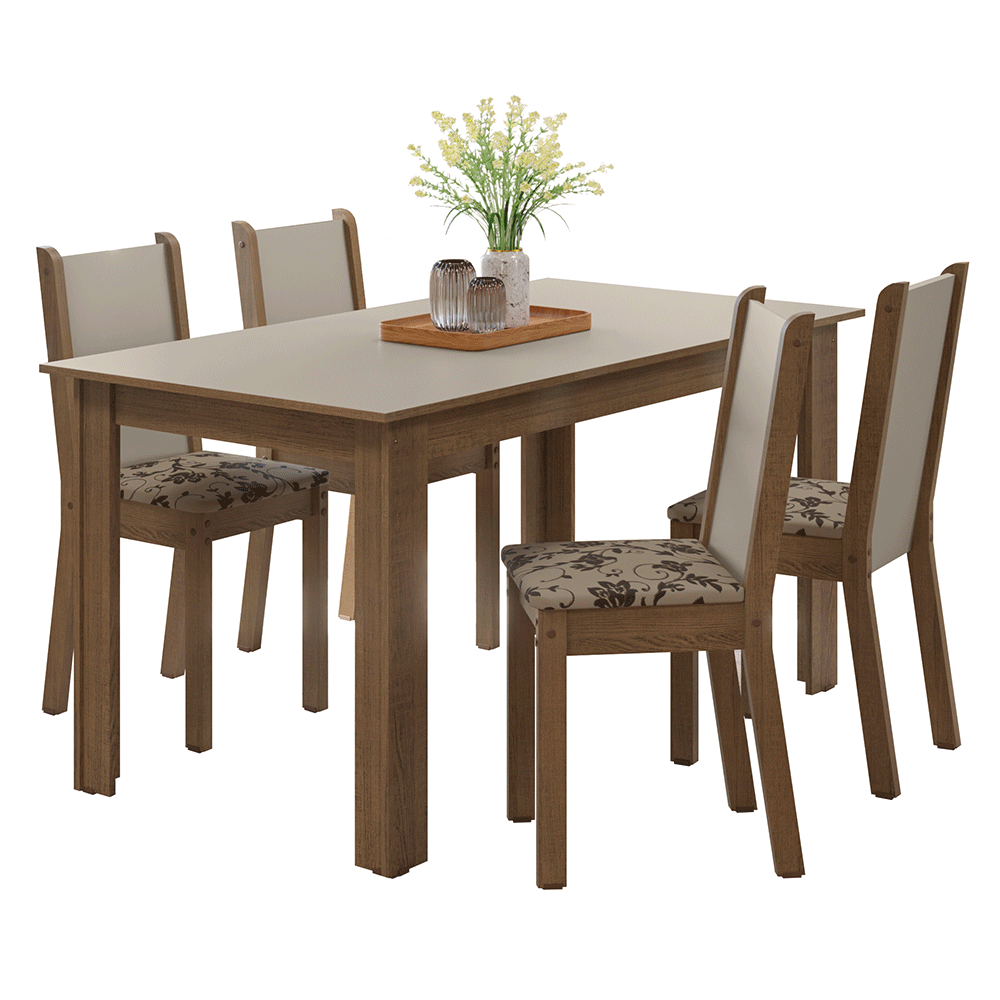 Conjunto Sala de Jantar Alva Mesa Tampo de Madeira 4 Cadeiras Rustic/Crema/Bege Marrom Madesa