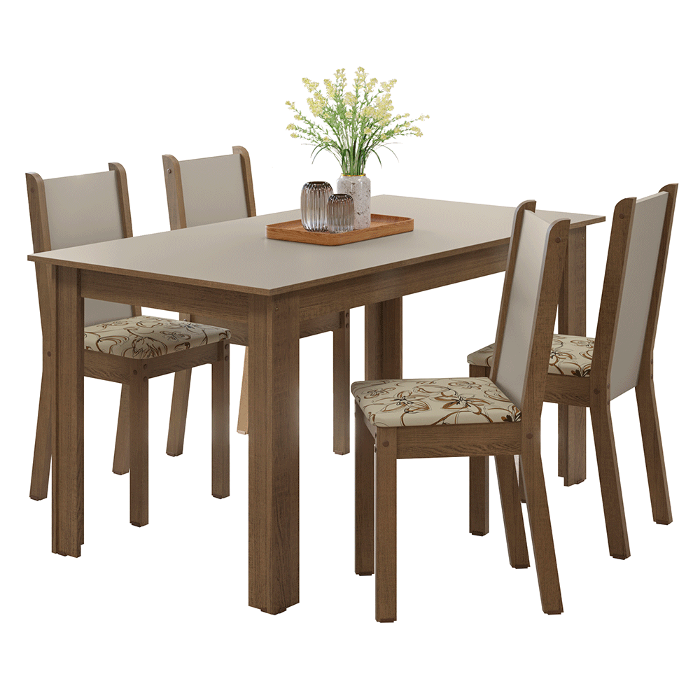 Conjunto Sala de Jantar Alva Mesa Tampo de Madeira 4 Cadeiras Rustic/Crema/Lírio Bege Madesa