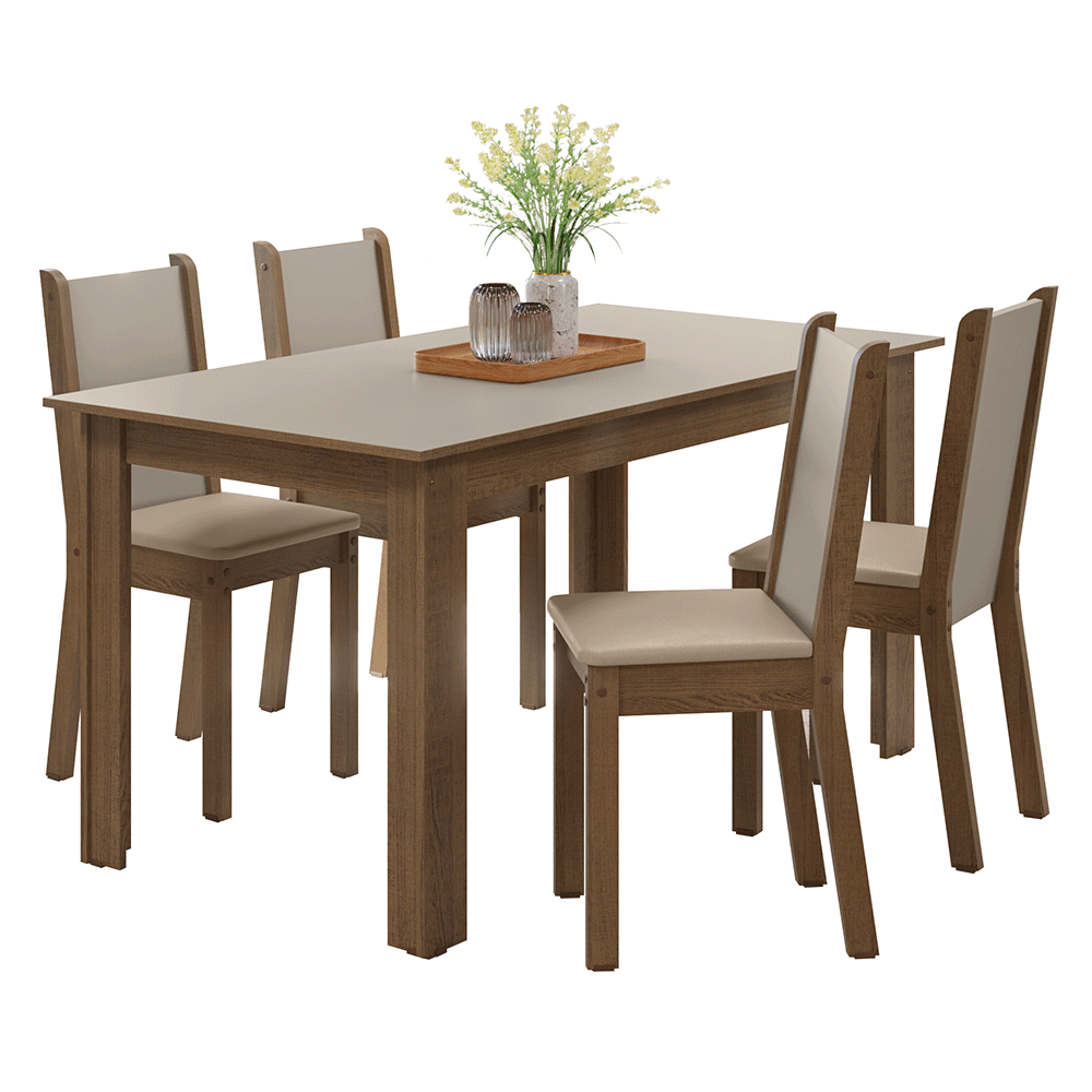 Conjunto Sala de Jantar Alva Mesa Tampo de Madeira 4 Cadeiras Rustic/Crema/Sintético Bege Madesa
