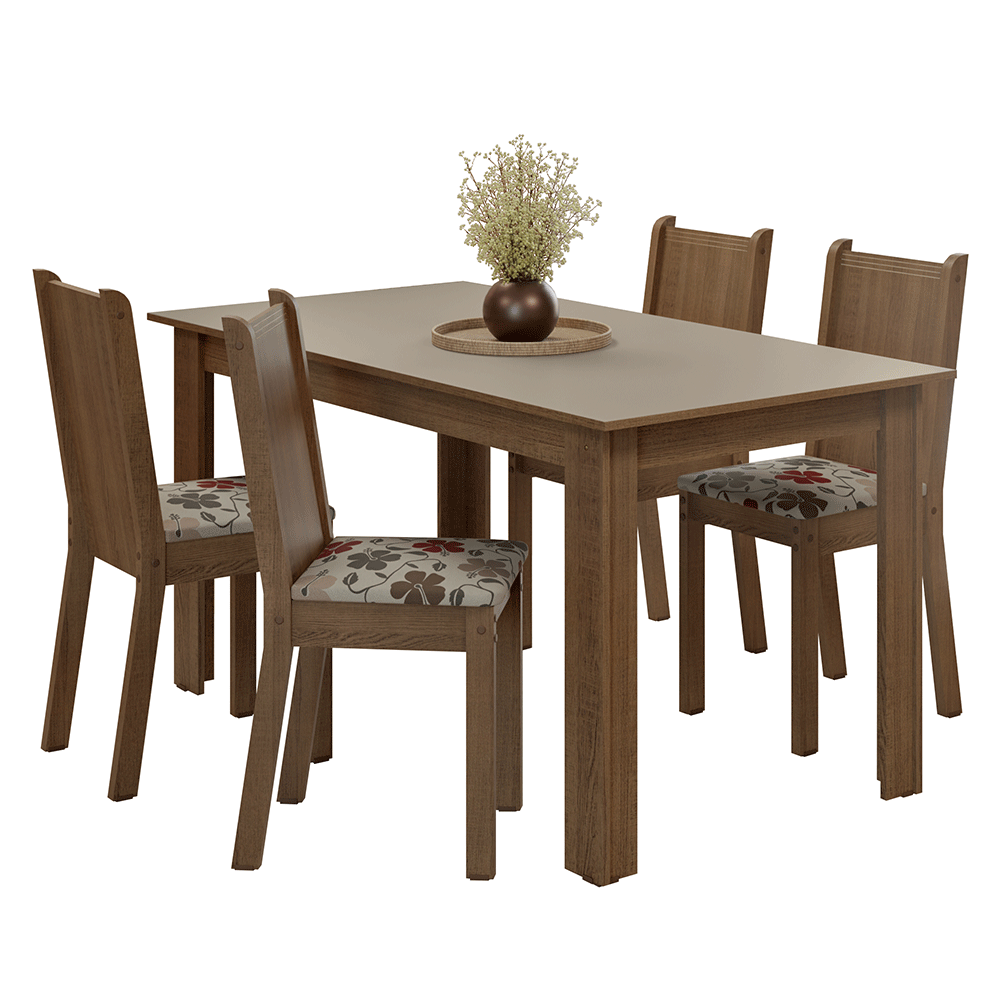 Conjunto Sala de Jantar Amora Mesa Tampo de Madeira 4 Cadeiras Rustic/Crema/Floral Hibiscos Madesa