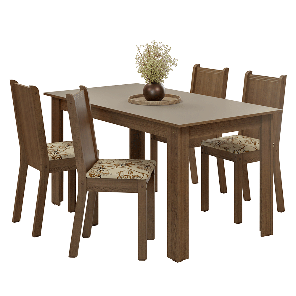 Conjunto Sala de Jantar Amora Mesa Tampo de Madeira 4 Cadeiras Rustic/Crema/Lírio Bege Madesa
