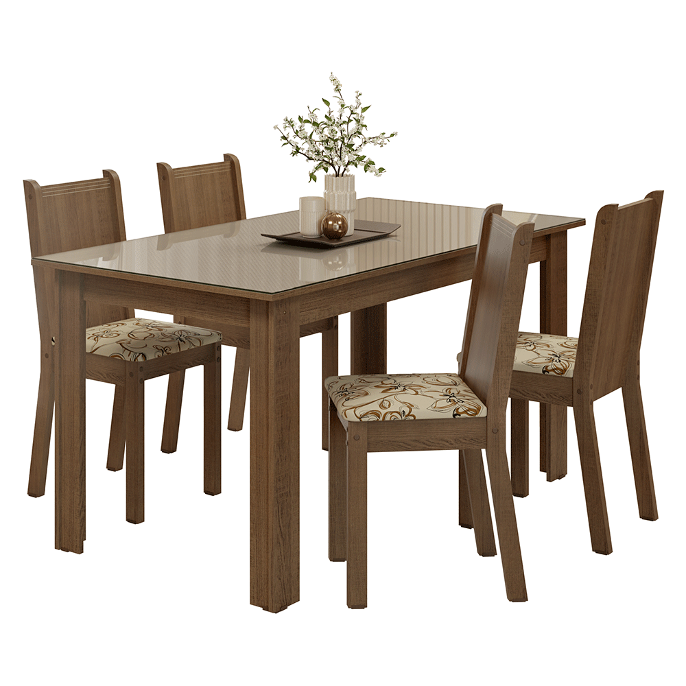 Conjunto Sala de Jantar Avelã Mesa Tampo de Vidro 4 Cadeiras Rustic/Crema/Lírio Bege Madesa