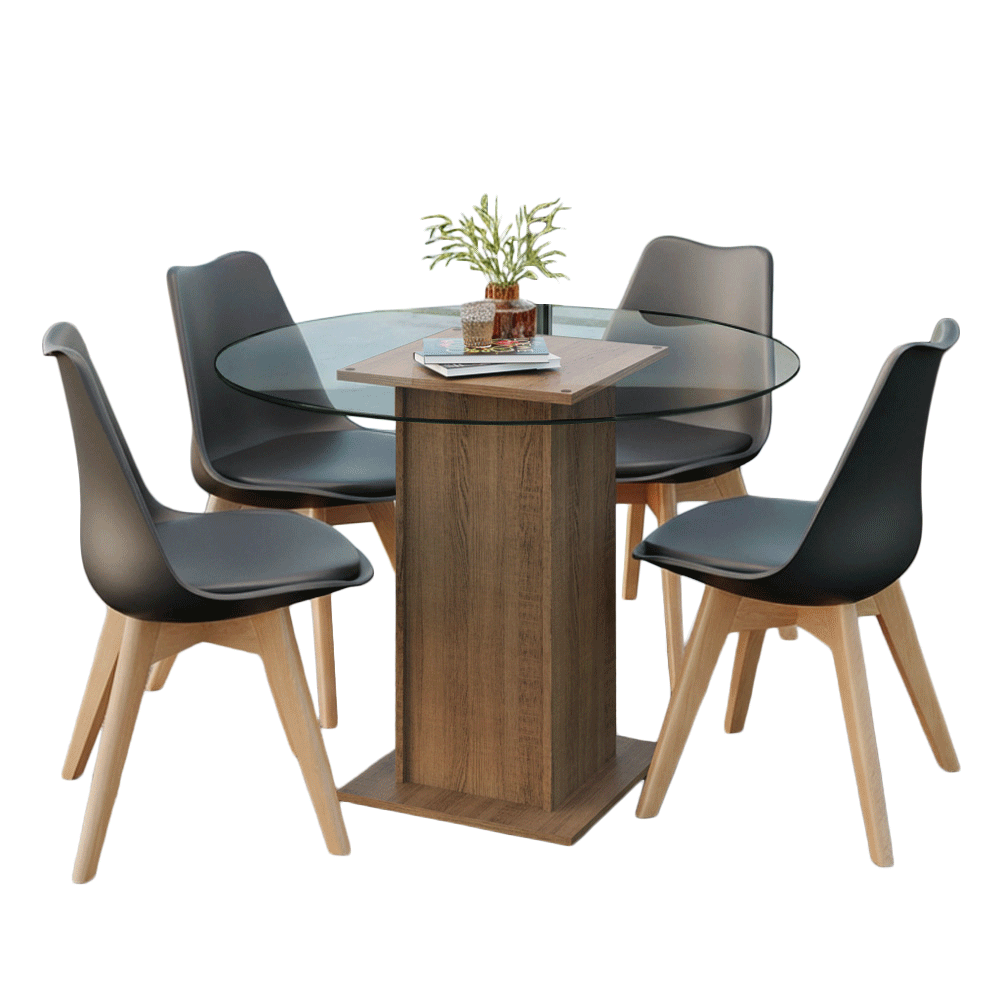 Conjunto Sala de Jantar Denali Mesa Tampo de Vidro 4 Cadeiras Rustic/Preto Madesa