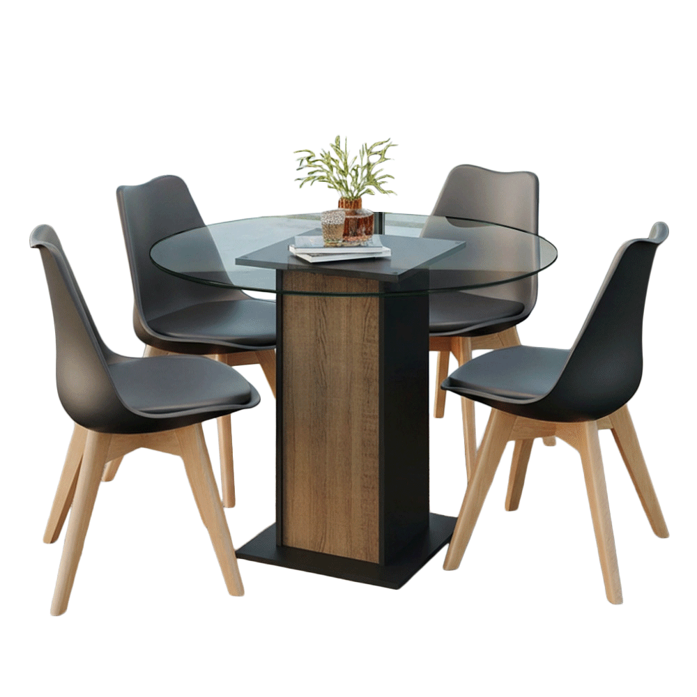 Conjunto Sala de Jantar Denali Mesa Tampo de Vidro 4 Cadeiras Preto/Rustic/Preto Madesa