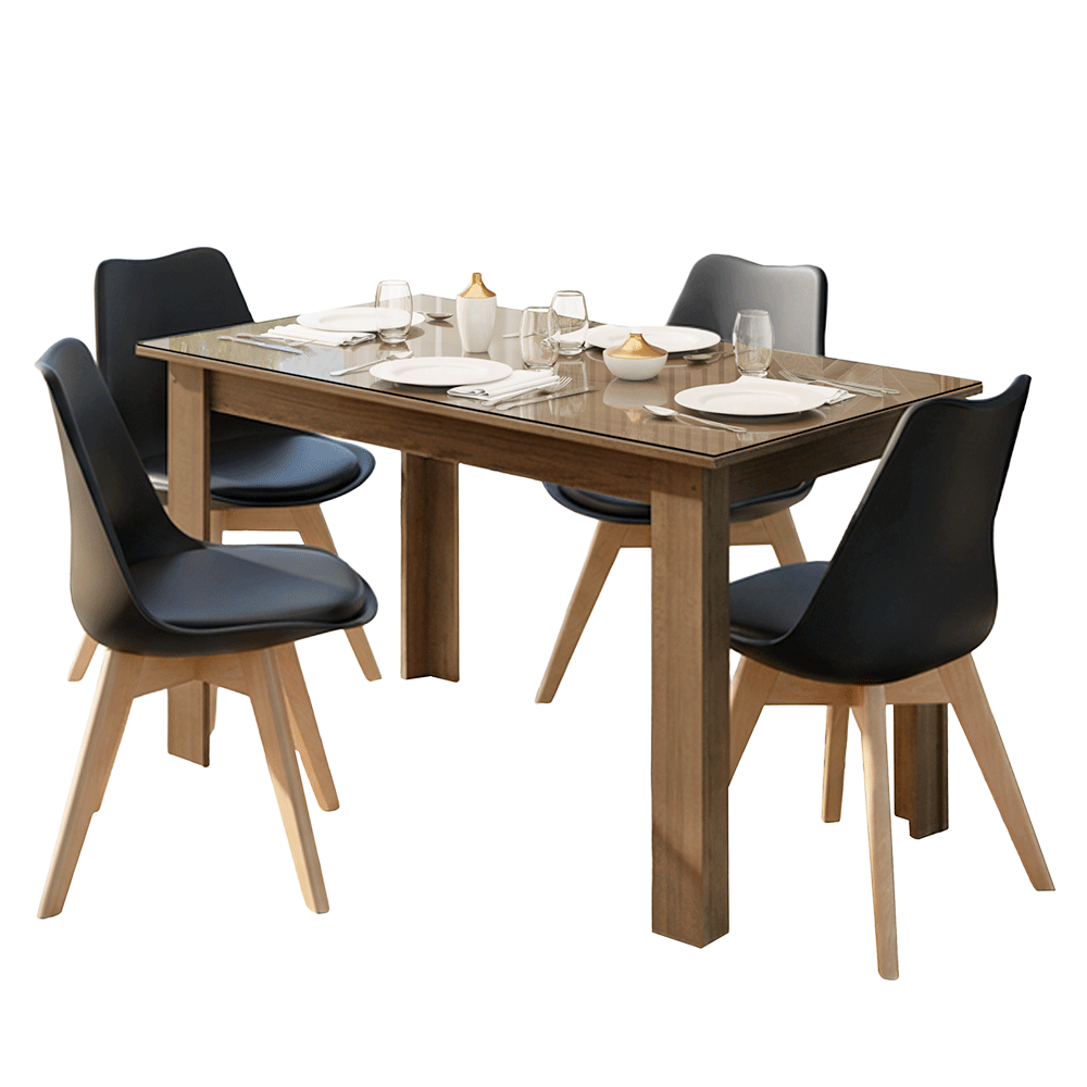 Conjunto Sala de Jantar Toscana Mesa Tampo de Vidro 4 Cadeiras Rustic/Preto Madesa