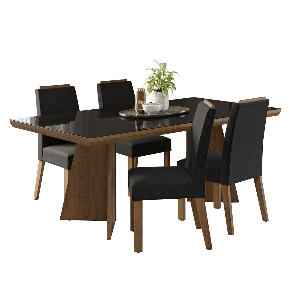 Conjunto Sala de Jantar Tampo com Vidro 4 Cadeiras Rustic/Preto/Oxford Todi Madesa