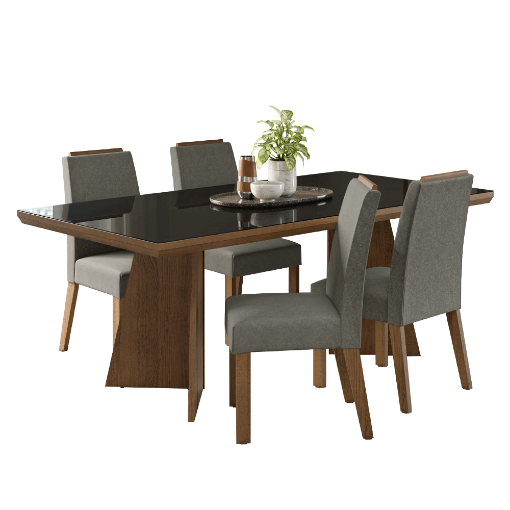 Conjunto Sala de Jantar Tampo com Vidro 4 Cadeiras Rustic/Preto/Silver Todi Madesa