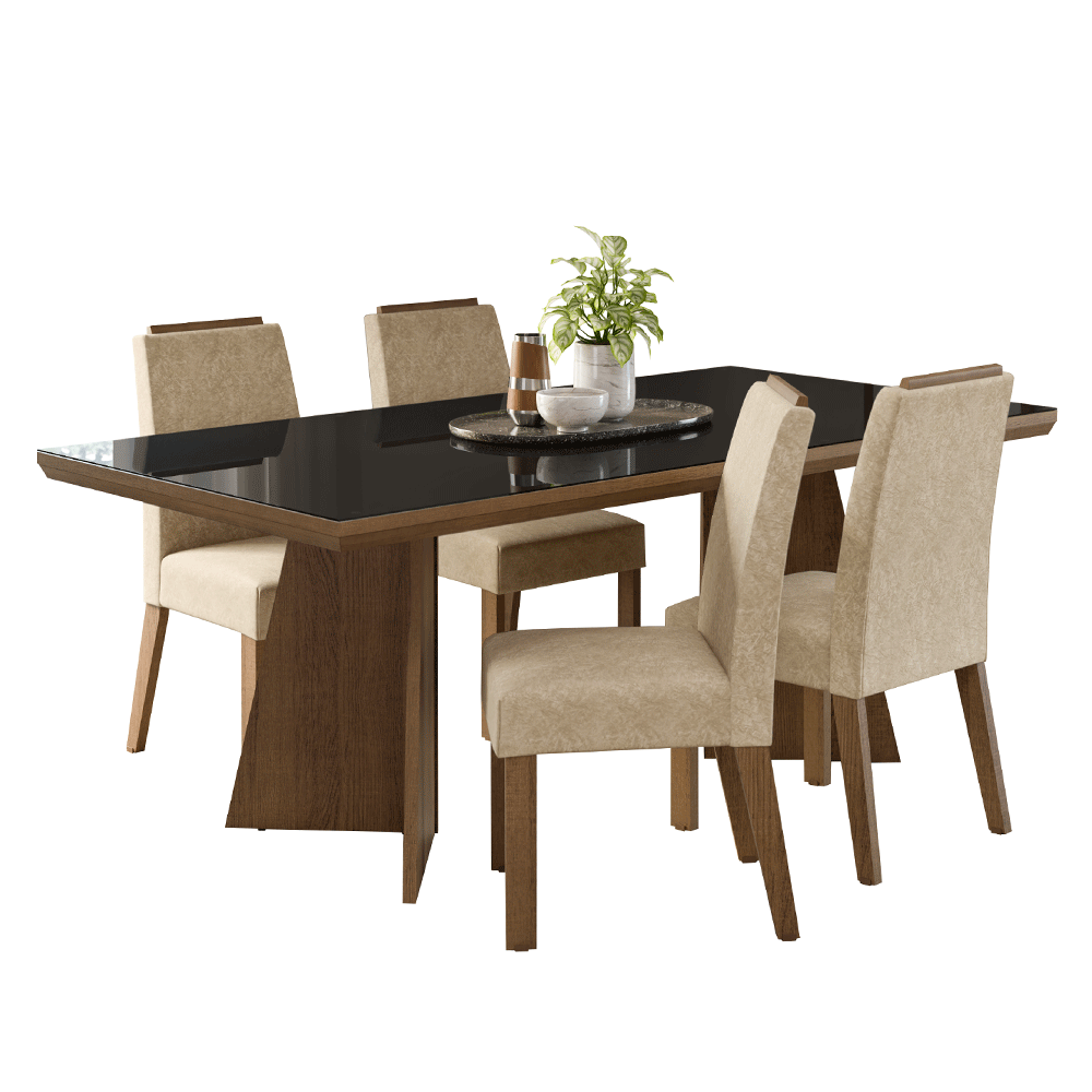 Conjunto Sala de Jantar Tampo com Vidro 4 Cadeiras Rustic/Preto/Imperial Todi Madesa