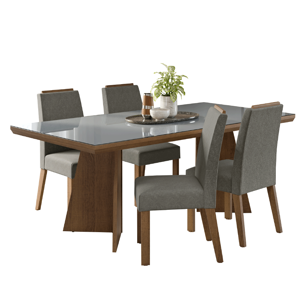 Conjunto Sala de Jantar Tampo com Vidro 4 Cadeiras Rustic/Cinza/Silver Todi Madesa