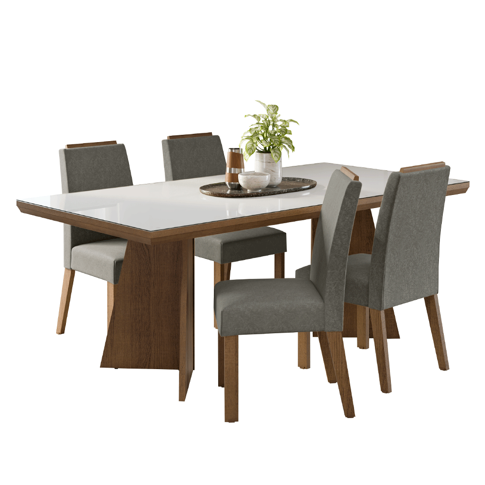 Conjunto Sala de Jantar Tampo com Vidro 4 Cadeiras Rustic/Branco/Silver Todi Madesa