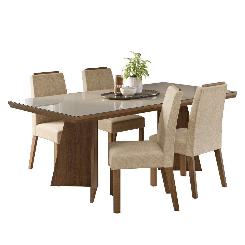 Conjunto Sala de Jantar Tampo com Vidro 4 Cadeiras Rustic/Crema/Imperial Todi Madesa