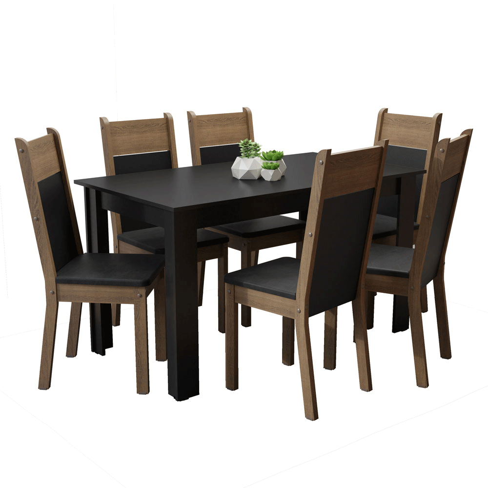Conjunto Sala de Jantar Mesa Tampo de Madeira com 6 Cadeiras Preto/Rustic/Sintético Preto Madesa Medelin