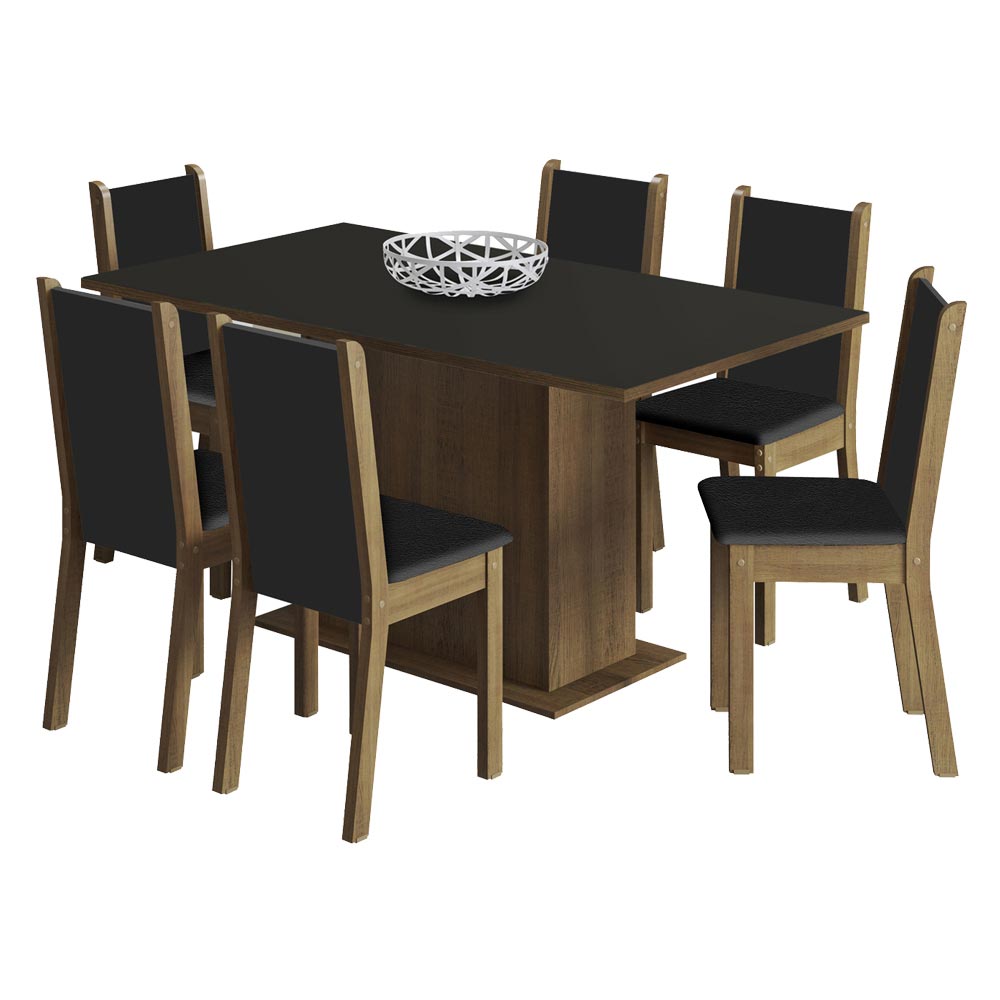 Conjunto Sala de Jantar Madesa Ohana Mesa Tampo de Madeira com 6 Cadeiras Rustic/Preto/Sintético Preto