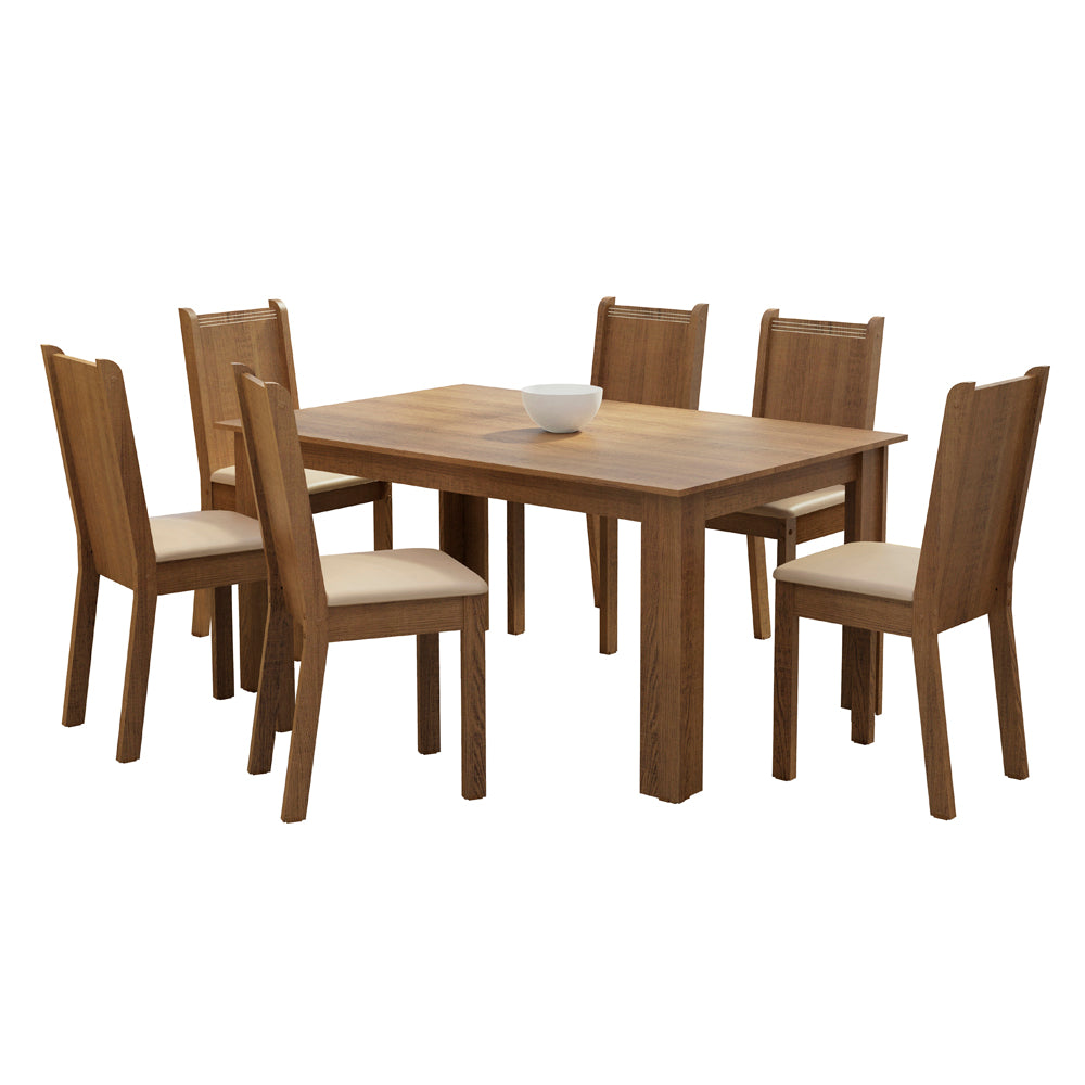 Conjunto Sala de Jantar Madesa Analu Mesa Tampo de Madeira com 6 Cadeiras Rustic/Sintético Bege