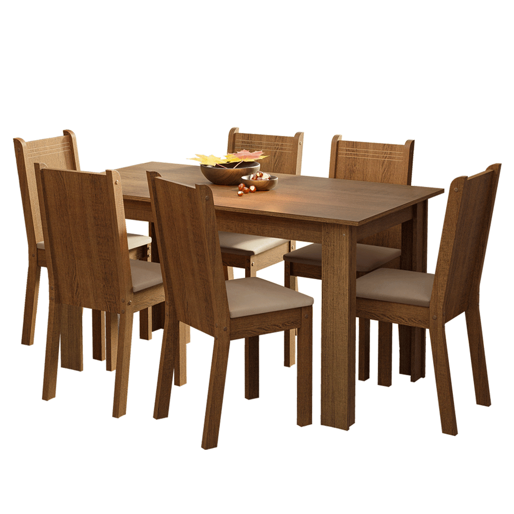 Conjunto Sala de Jantar Madesa Analu Mesa Tampo de Madeira com 6 Cadeiras Rustic/Sintético Bege