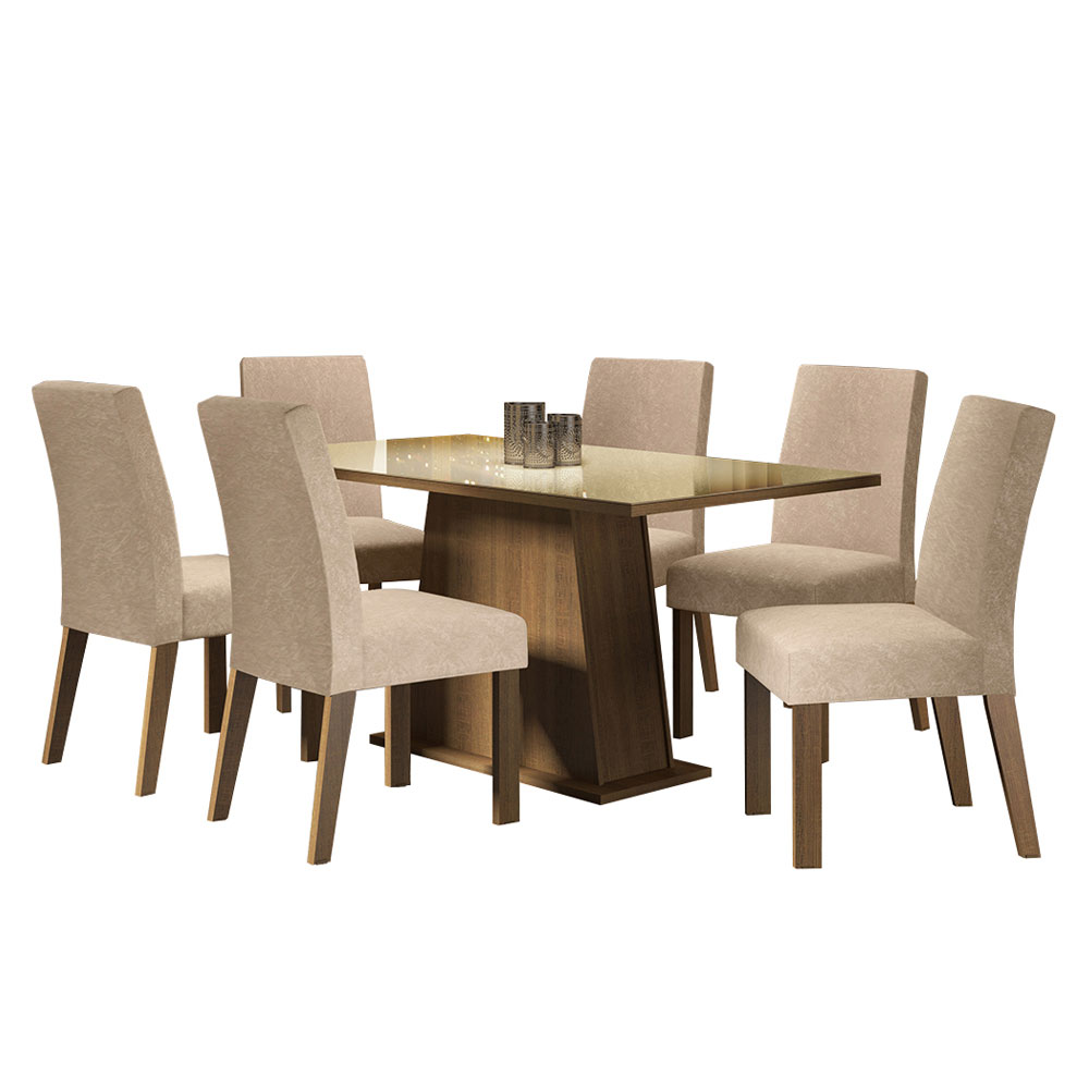 Conjunto Sala de Jantar Madesa Patricia Mesa Tampo de Vidro com 6 Cadeiras Rustic/Crema/Imperial