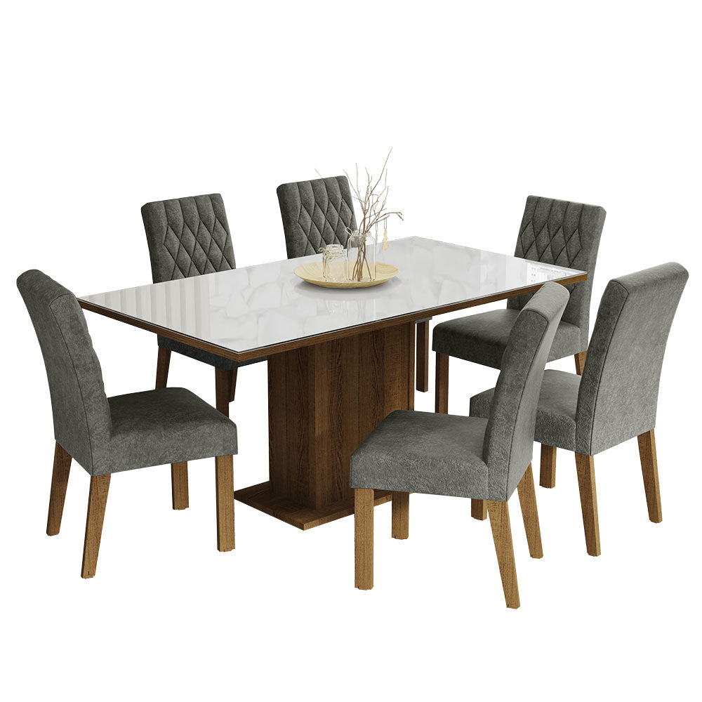 Conjunto Sala de Jantar Mesa Tampo de Vidro 6 Cadeiras Rustic/Branco/Silver Geórgia Madesa