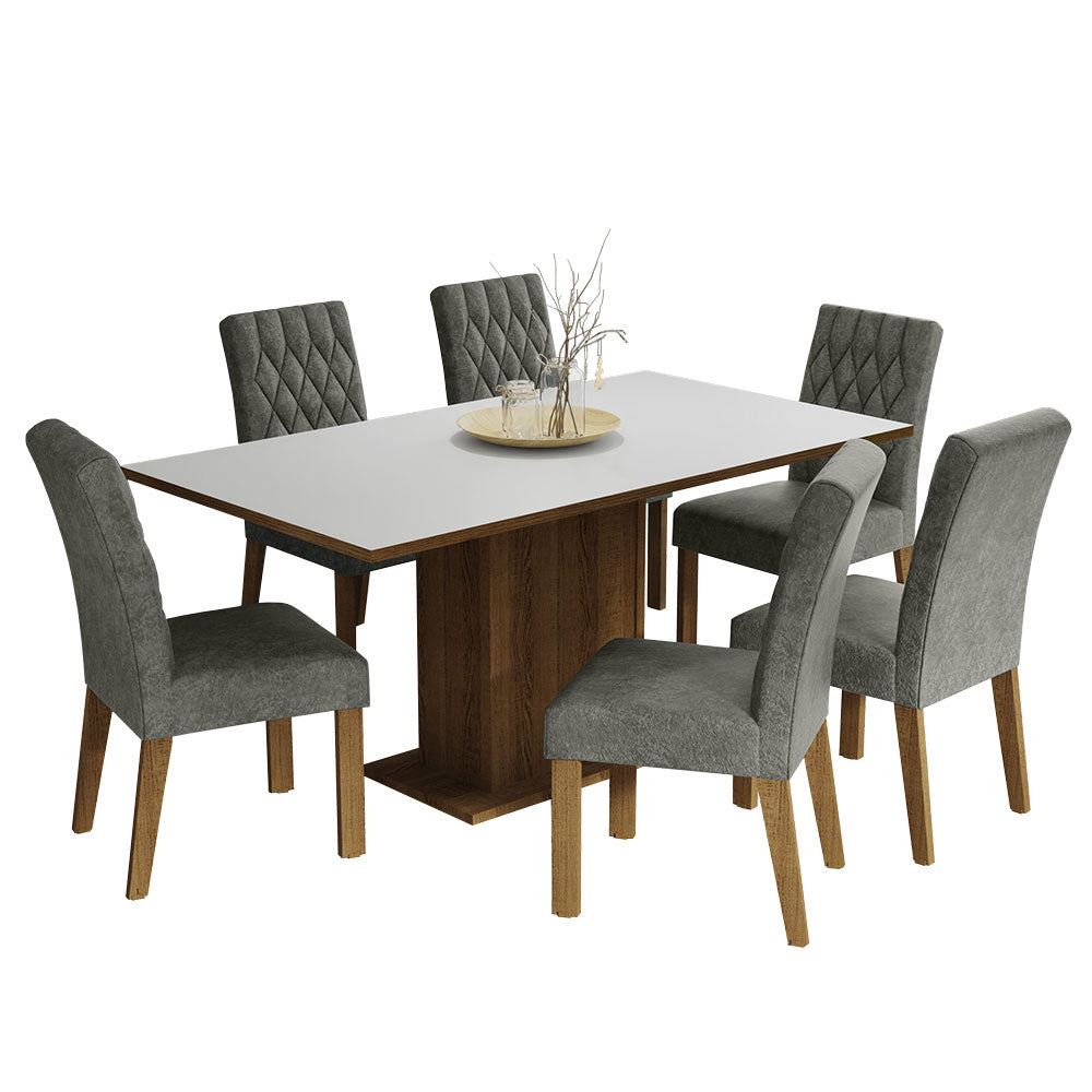 Conjunto Sala de Jantar Mesa Tampo de Madeira 6 Cadeiras Rustic/Branco/Silver Hanna Madesa
