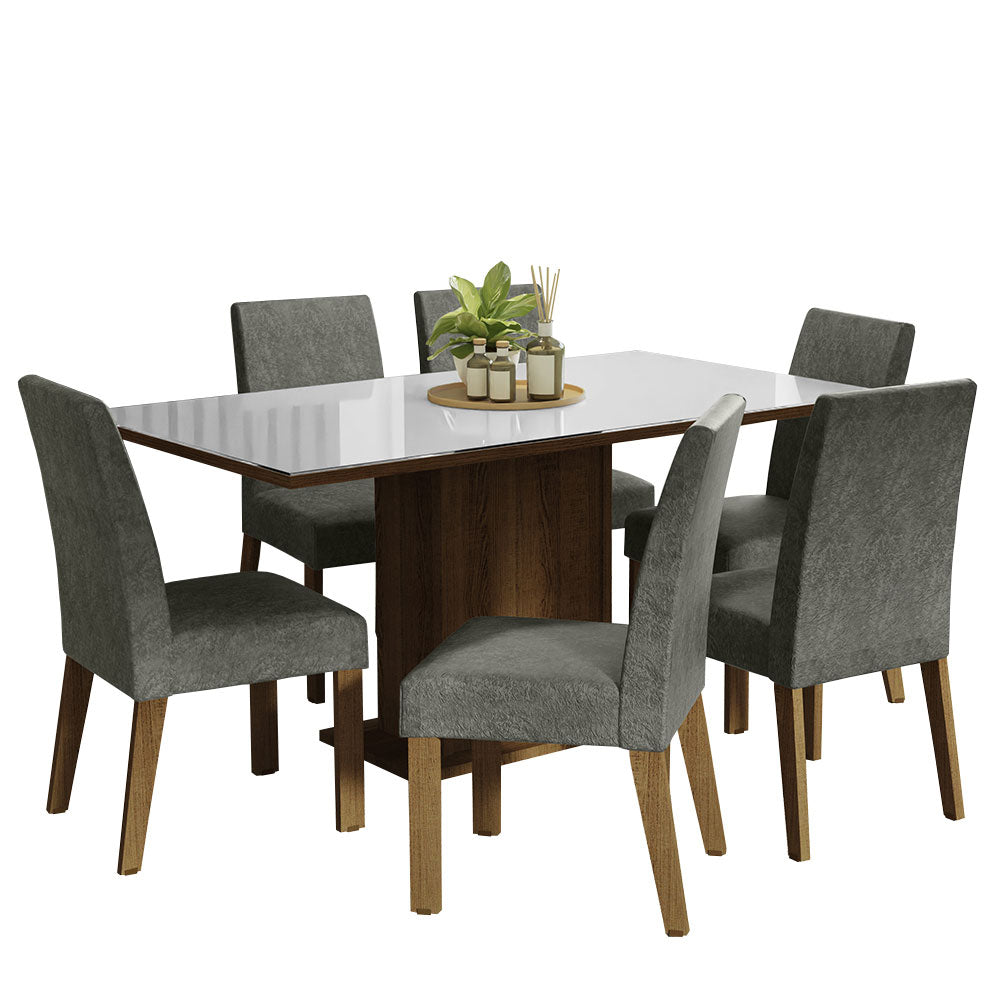 Conjunto Sala de Jantar Mesa Tampo de Vidro 6 Cadeiras Rustic/Branco/Silver Alexis Madesa