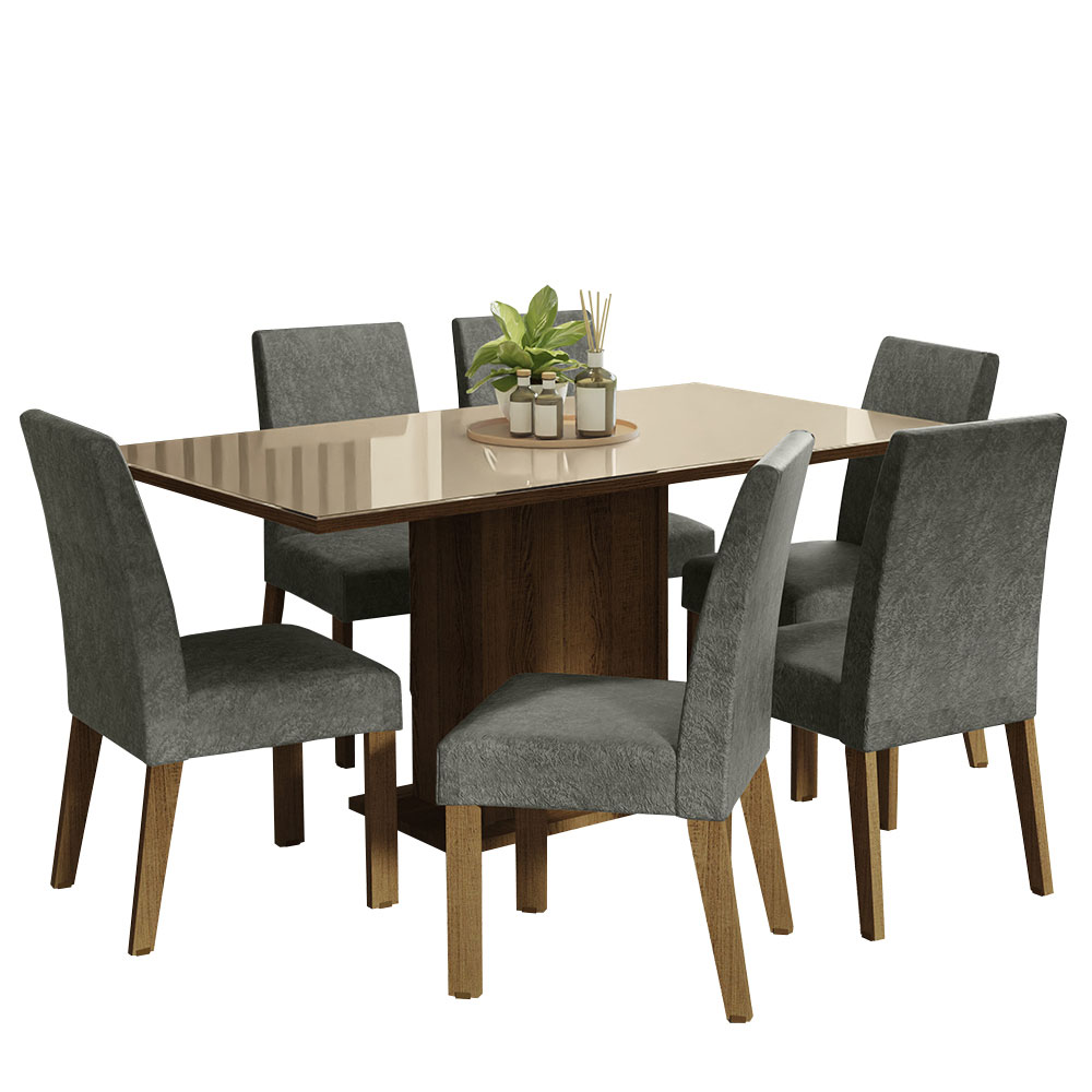Conjunto Sala de Jantar Mesa Tampo de Vidro 6 Cadeiras Rustic/Crema/Silver Alexis Madesa