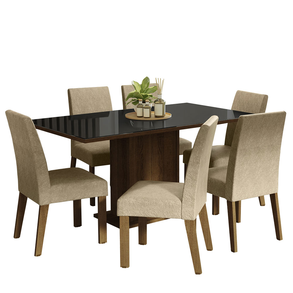 Conjunto Sala de Jantar Mesa Tampo de Vidro 6 Cadeiras Rustic