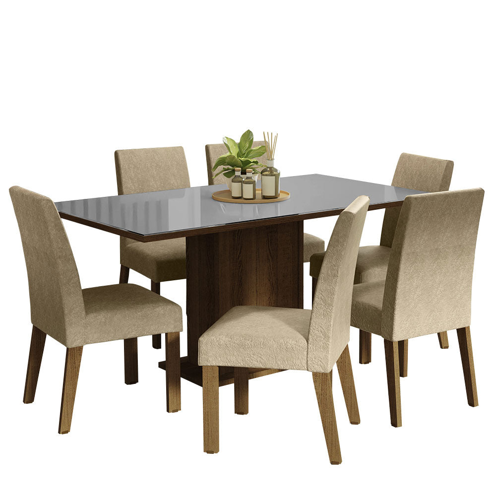Conjunto Sala de Jantar Mesa Tampo de Vidro 6 Cadeiras Rustic/Cinza/Imperial Alexis Madesa