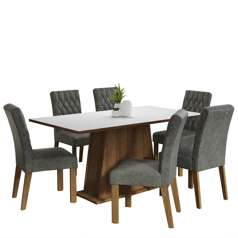 Conjunto Sala de Jantar Mesa Tampo de Madeira 6 Cadeiras Rustic/Branco/Silver Britney Madesa