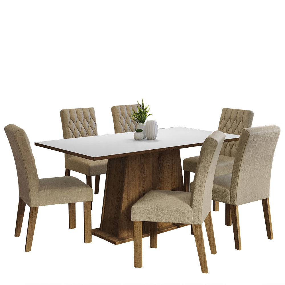 Conjunto Sala de Jantar Mesa Tampo de Madeira 6 Cadeiras Rustic/Branco/Imperial Britney Madesa