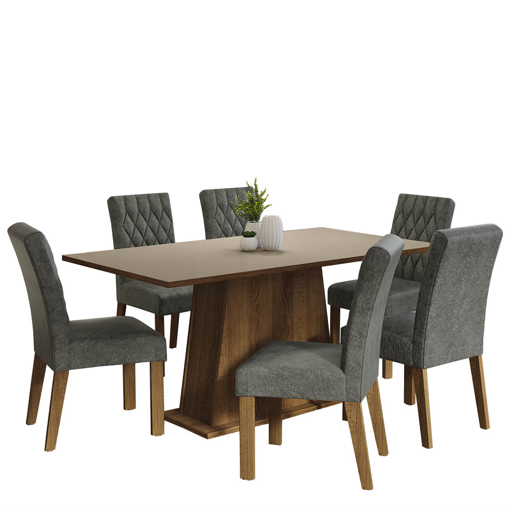 Conjunto Sala de Jantar Mesa Tampo de Madeira 6 Cadeiras Rustic/Crema/Silver Britney Madesa