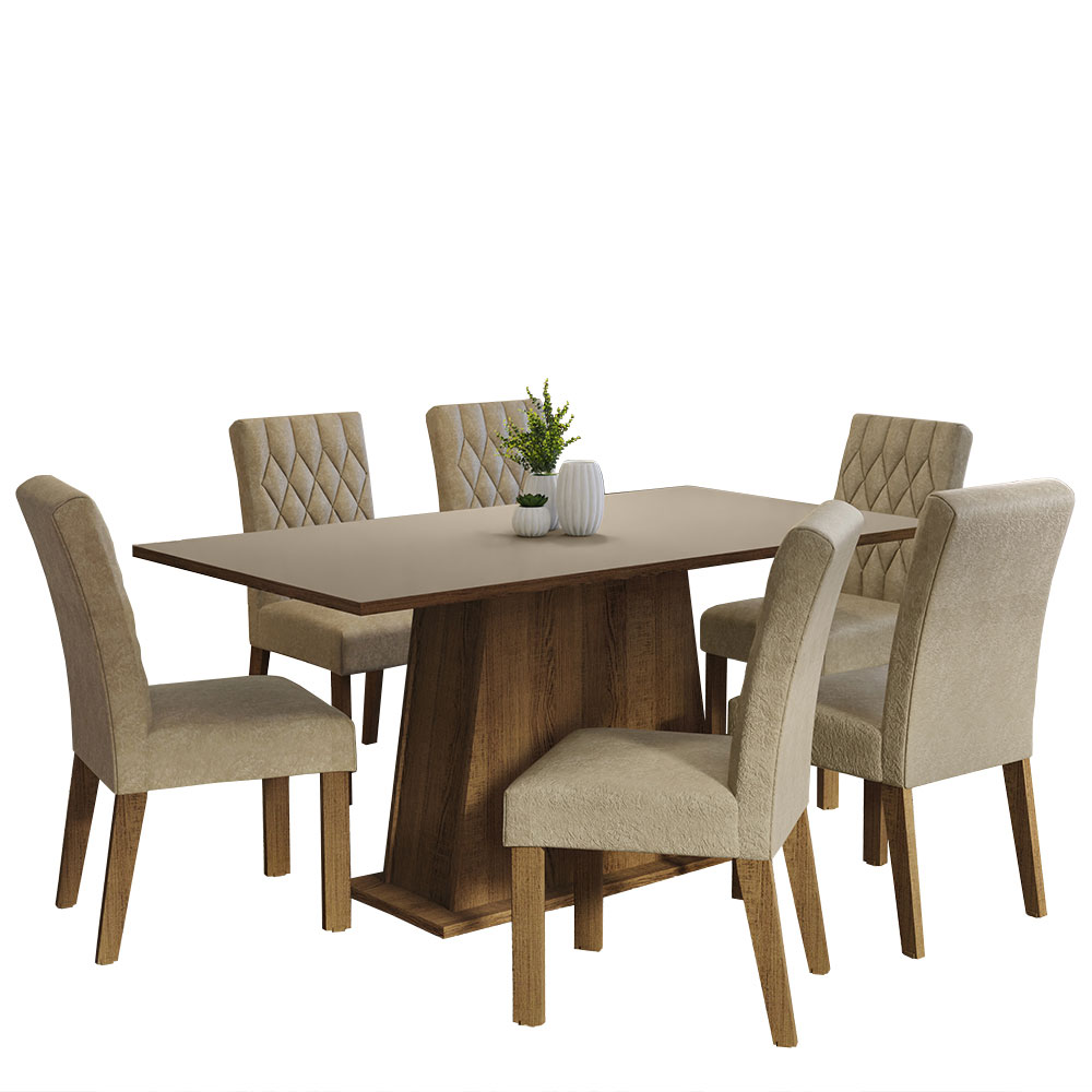 Conjunto Sala de Jantar Mesa Tampo de Madeira 6 Cadeiras Rustic/Crema/Imperial Britney Madesa