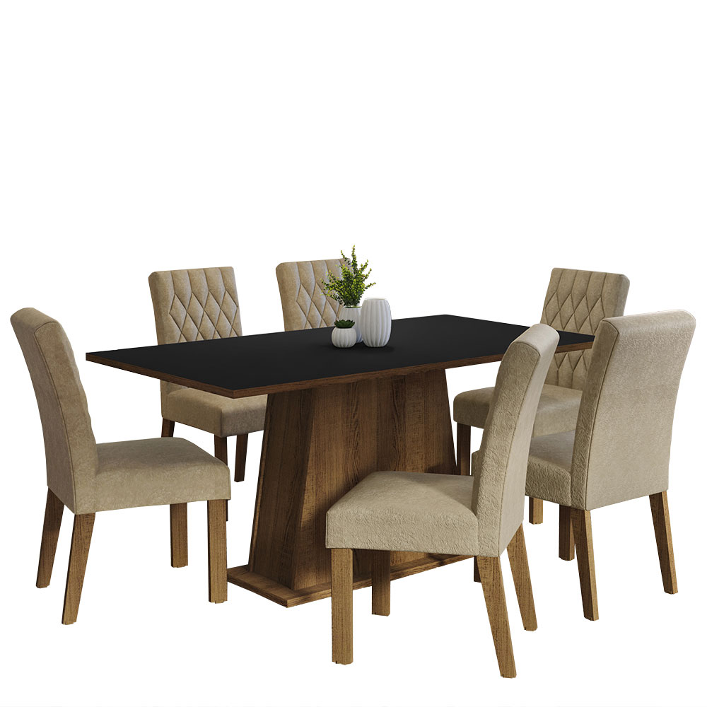 Conjunto Sala de Jantar Mesa Tampo de Madeira 6 Cadeiras Rustic/Preto/Imperial Britney Madesa