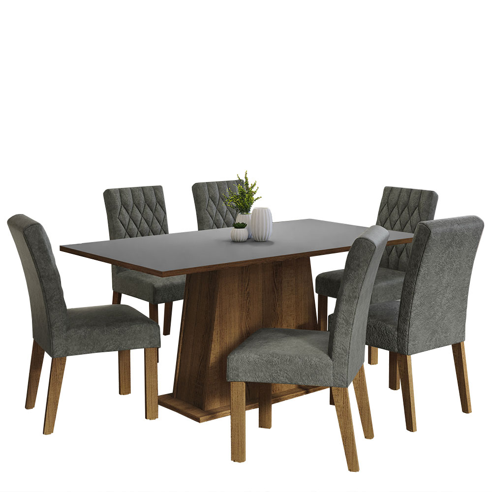 Conjunto Sala de Jantar Mesa Tampo de Madeira 6 Cadeiras Rustic/Cinza/Silver Britney Madesa