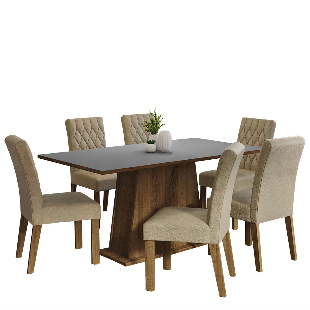 Conjunto Sala de Jantar Mesa Tampo de Madeira 6 Cadeiras Rustic/Cinza/Imperial Britney Madesa