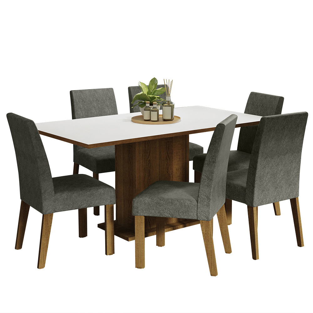 Conjunto Sala de Jantar Mesa Tampo de Madeira 6 Cadeiras Rustic/Branco/Silver Renata Madesa