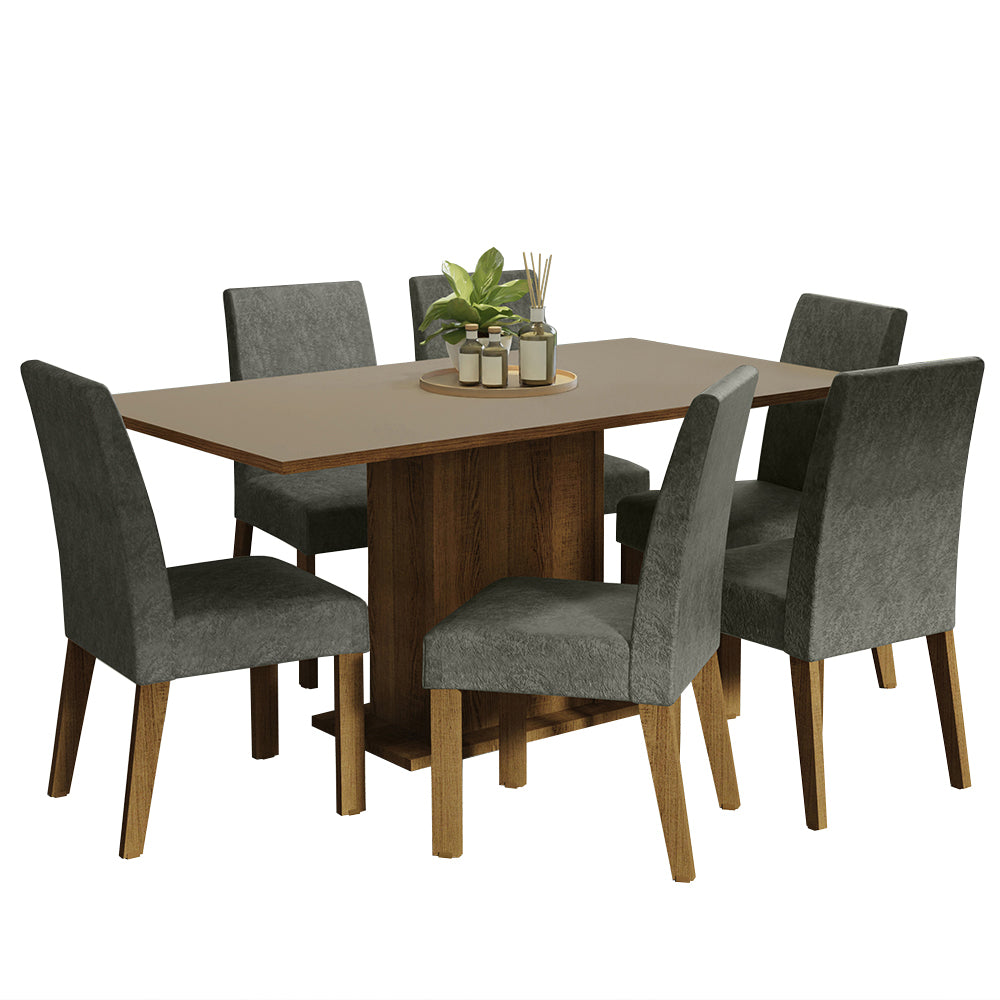 Conjunto Sala de Jantar Mesa Tampo de Madeira 6 Cadeiras Rustic/Crema/Silver Renata Madesa