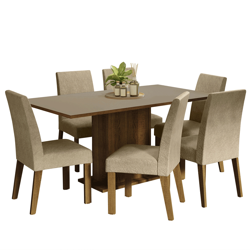 Conjunto Sala de Jantar Mesa Tampo de Madeira 6 Cadeiras Rustic/Crema/Imperial Renata Madesa