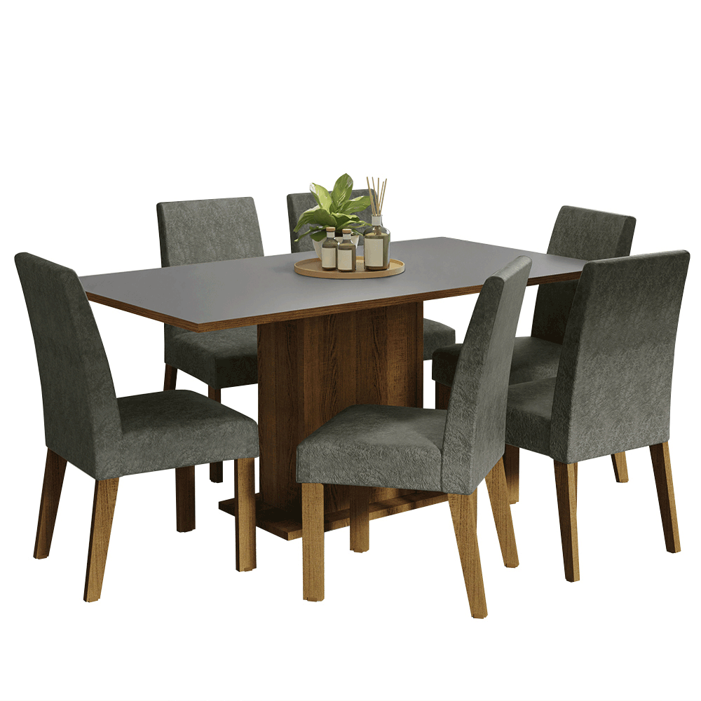 Conjunto Sala de Jantar Mesa Tampo de Madeira 6 Cadeiras Rustic/Cinza/Silver Renata Madesa