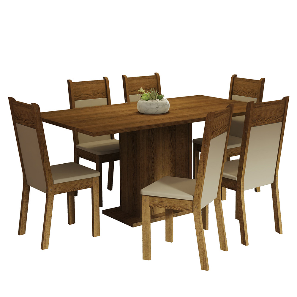 Conjunto Sala de Jantar Mesa Tampo de Madeira 6 Cadeiras Rustic/Crema/Bege Augusta Madesa