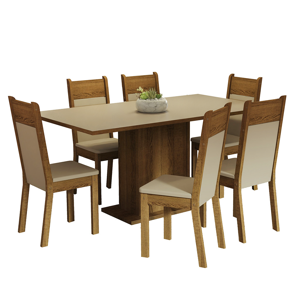 Conjunto Sala de Jantar Mesa Tampo de Madeira 6 Cadeiras Crema/Rustic/Bege Augusta Madesa