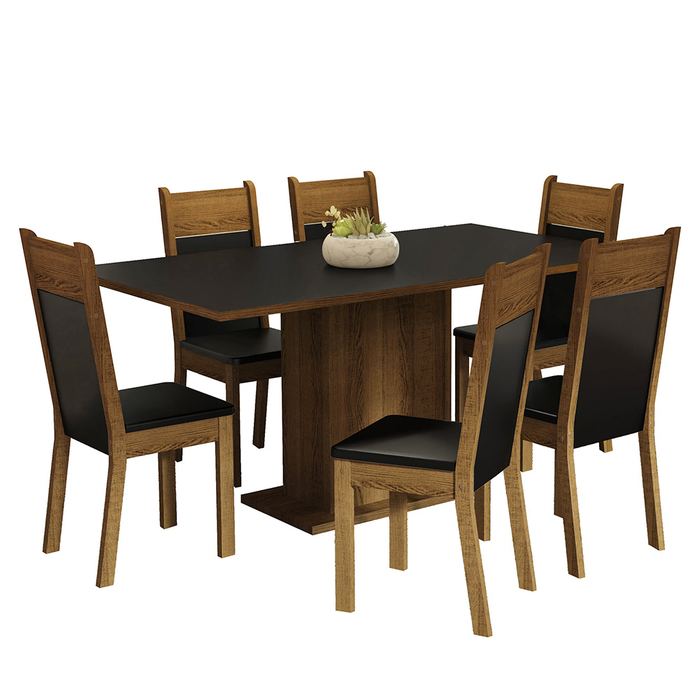 Conjunto Sala de Jantar Mesa Tampo de Madeira 6 Cadeiras Preto/Rustic Augusta Madesa