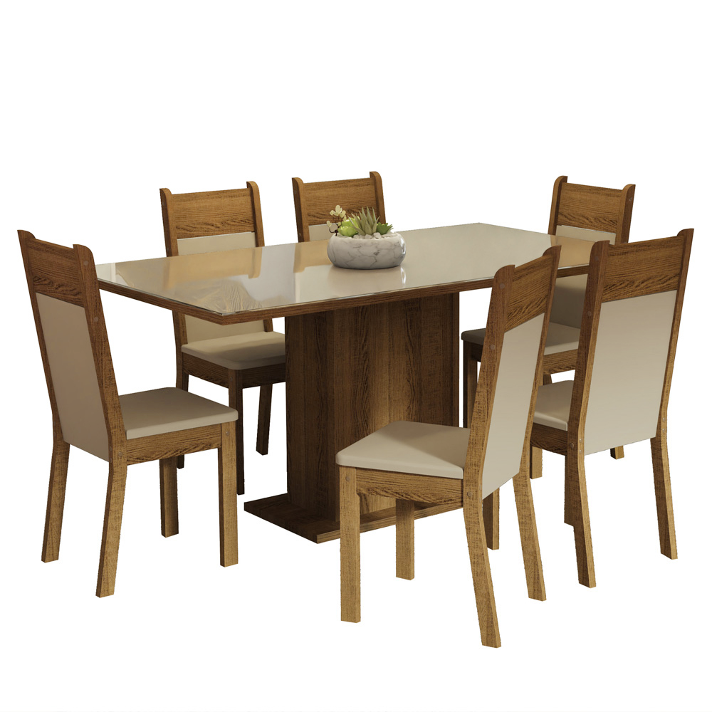 Conjunto Sala de Jantar Mesa Tampo de Vidro 6 Cadeiras Crema/Rustic/Bege Francine Madesa