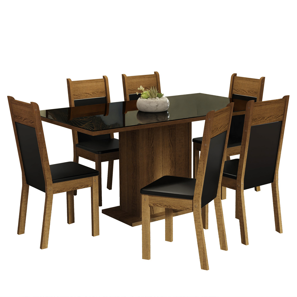 Conjunto Sala de Jantar Mesa Tampo de Vidro 6 Cadeiras Preto/Rustic Francine Madesa
